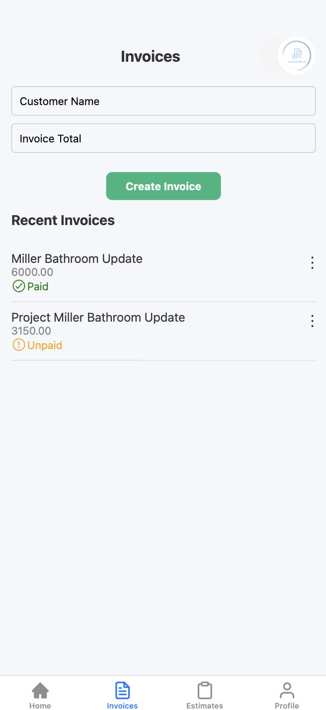 Invoice Creation screenshot